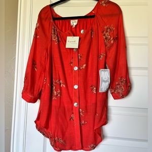 NWT Orange button blouse with floral embroidery design